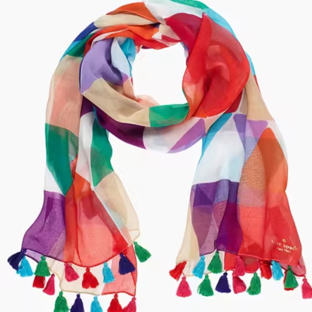 KATE SPADE Pubelo tiles Colorful Geometric Pattern Scarf with Tassels